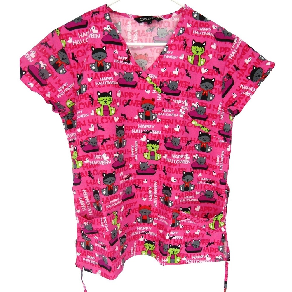 Scrub Top Small Pink Halloween Cats Medical Nurse Tech Animal Goth Uniform